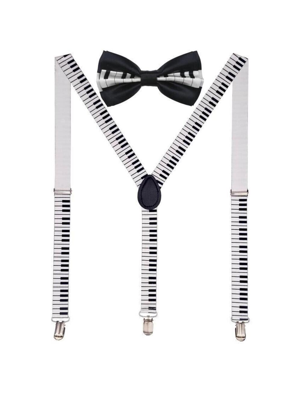 Men AB Elastic Band Black & White Piano Suspender With Maching Polyester Bowtie